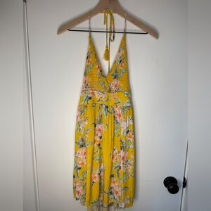 O’Neill Yellow Floral Halter Mini Dress Open Back Tassel Tie Boho Tropical M